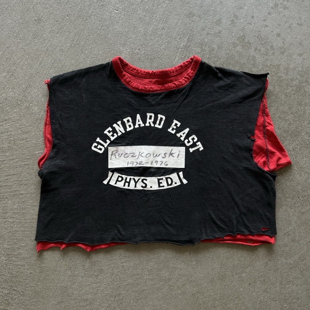 Vintage 70s Phys Ed Double Face Shirt Size Small Black Red Glenbard East Gym